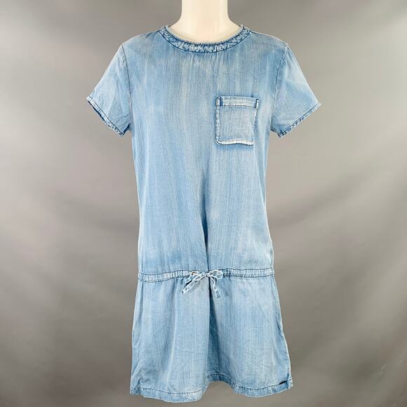 S Blue Chambray Distressed Short Sleeve One Pocket Drop Waist Dress - Picture 1 of 8